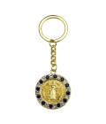 Chaveiro Medalhão São Bento Prateado e Dourado com Pedras Azuis 3.5cm